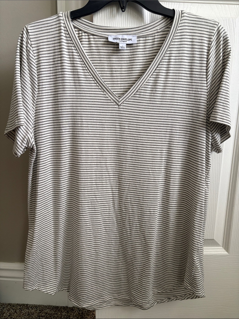 Green Envelope Cream & Black Striped V-Neck Short Sleeve Tee